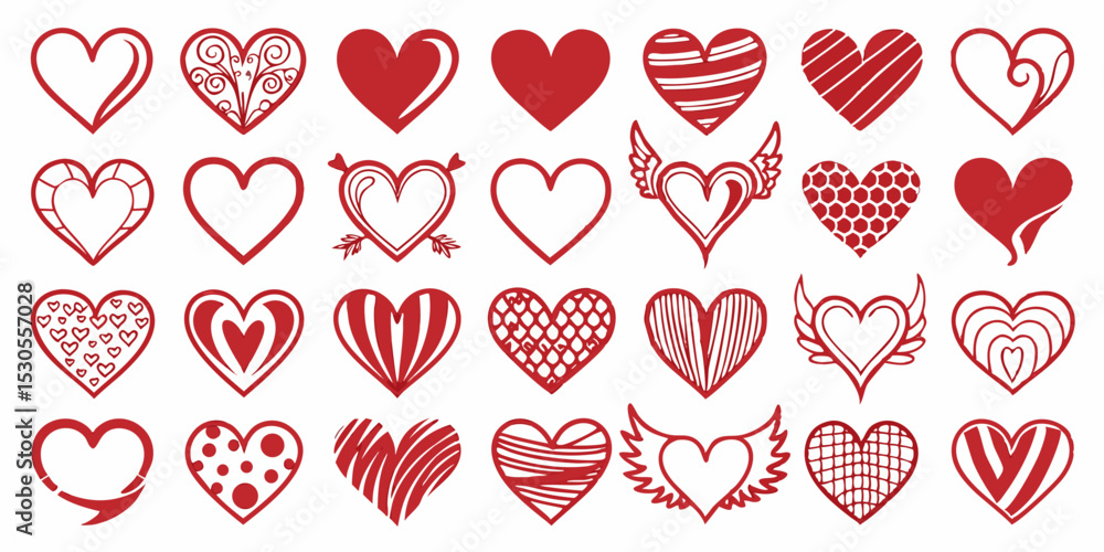 Poster Collection of Red Heart Icons with Different Patterns and Designs for Valentine s Day and Love Concepts on White Background