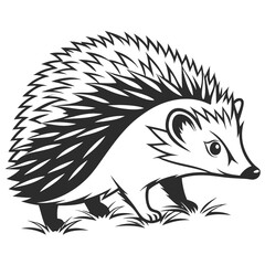 Black and white monochrome illustration shows a hedgehog walking on grass in simple style