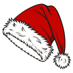 Red Santa hat with white fur trim and pom-pom, designed in a playful style, perfect for holiday celebrations and festive decorations, conveying joy and warmth