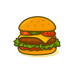 Cartoon Delicious Burger Illustration with Lettuce, Tomato and Cheese