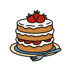 Outline Delicious Layered Strawberry Cake Illustration on Plate with Fork Dessert