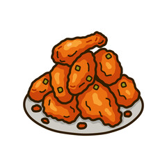 Simple Outlined Delicious Fried Chicken Wings on Plate Cartoon Illustration