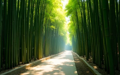 Naklejka premium Calming rhythms of a secluded walkway through vibrant bamboo groves, dappled sunlight enhancing the peaceful scene. High quality