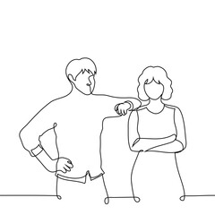 man and women standing next to each other, his hand on her shoulder - one line art vector. concept friends, siblings, couple