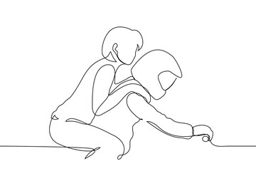 girl sitting behind motorcyclist in helmet holding his shoulders - one line art vector. concept romance with motorcyclist, dangerous riding without helmet
