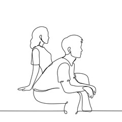 man and woman sitting side by side in profile looking in the same direction - one line art vector. concept opposite-sex friends, siblings, silence together, quiet, quarrel