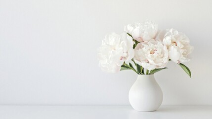 Fototapeta premium White vase with a bunch of white peonies in it. the vase is sitting on a white surface against a plain white wall.