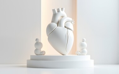 A stylized heart sculpture surrounded by a white, modern environment, symbolizing life and human anatomy. calming rhythms tranquility mindfulness concept. High quality