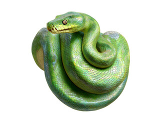Fototapeta premium A vibrant green snake gracefully coiled, showcasing its intricate scales and captivating gaze isolated on a transparent background