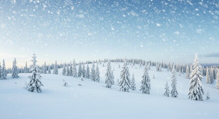 Fototapeta premium Snowy Winter Landscape with Fir Trees and Repeating Snowflake Patterns