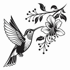 Black hummingbird approaches a flower branch with leaves and berries in elegant monochrome