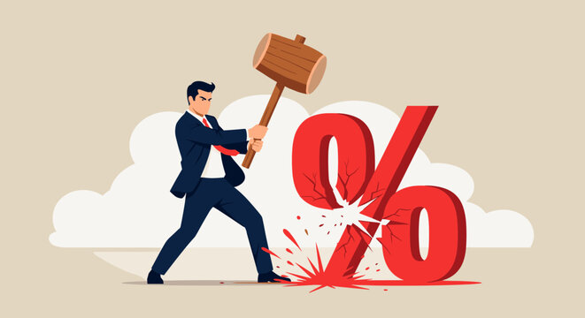 Federal Reserve low interest rate or central bank with long time zero percent interest rate until economic recover concept, businessman FED leader using hammer to nailed percentage sign to the floor. 