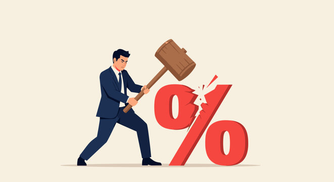Federal Reserve low interest rate or central bank with long time zero percent interest rate until economic recover concept, businessman FED leader using hammer to nailed percentage sign to the floor. 