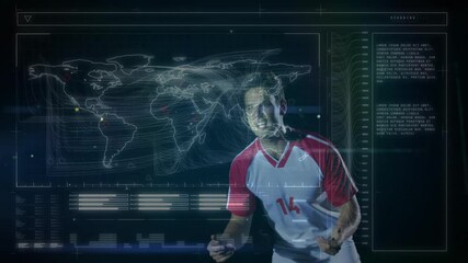 Virtual soccer ball appearing triggers athlete heading as hologram map, data graphs framing action - Powered by Adobe