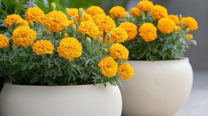 Two large white planters with bright yellow flowers in them. the planters are placed on a concrete surface, and the flowers are in full bloom.