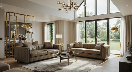 Sophisticated living room interior with designer lighting and natural light