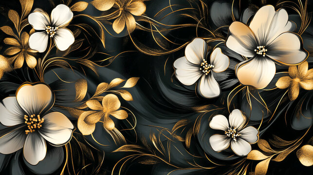 abstract black and gold and white floral pattern background