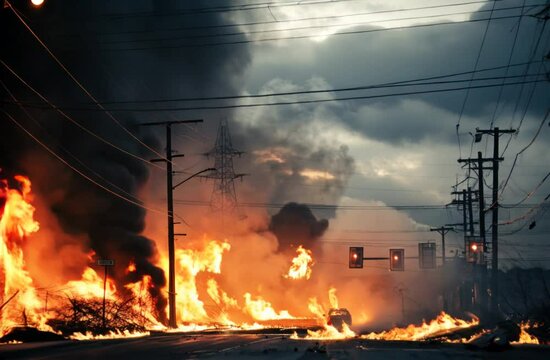 riots and fire on a city street