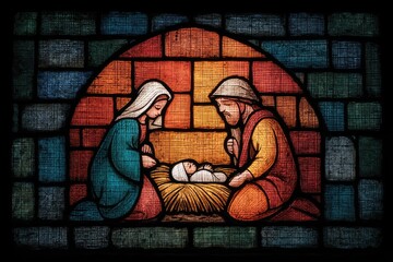 Creche tableau: sacred birth, holy scene, infant figure, Joseph face, Mary gesture, Bethlehem light, festive icon, divine glimpse, manger sign, spiritual story, yuletide aura, Christmas meaning.