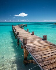 Fototapeta premium Wooden Pier Extends Into Turquoise Tropical Ocean