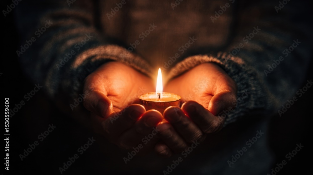 Poster an image of a person holding a small candle in a dark room, representing the flicker of hope and bel