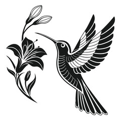 Black hummingbird flies toward floral blossom in a stylized monochrome presentation with open wings