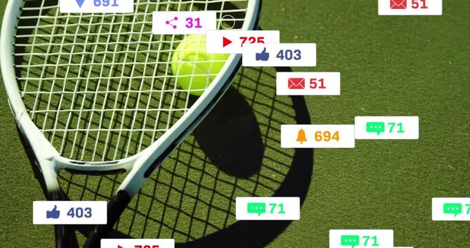 Social media metrics popping then floating around tennis racket representing engagement