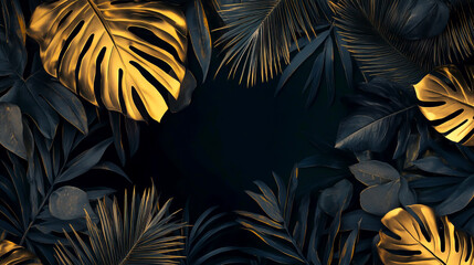 An abstract frame of black and gold palm leaves and tropical leaves