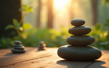 Close-up of a serene meditation space with elements of nature and calming rhythms in the background. High quality