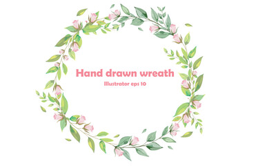 Hand drawn rose wreath. Hand drawn pink rose wreath thank you card design.