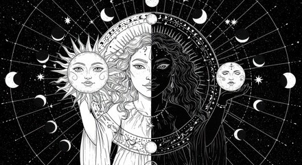 Symmetrical Black and White Drawing of Sun and Moon Goddesses with Celestial Objects