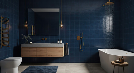Stylish bathroom design with blue tiles modern fixtures and luxurious atmosphere