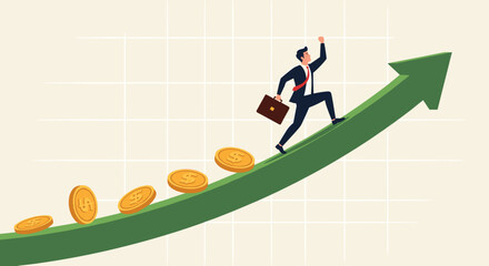 Investment profit and earning, stock market growth or fund flow depend on interest rate and inflation concept, businessman investor, fund manager holding flag lead money coins running up rising graph.
