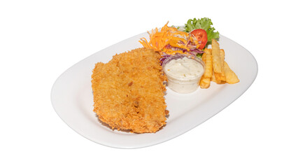 Crispy Fish Steak with Salad, Fries, and Tartar Sauce on White Plate