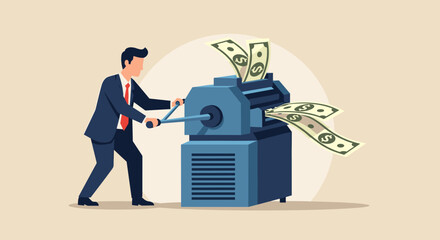 Printing money, quantitative easing policy by countries central bank or FED, federal reserve to stimulate economics concept, businessman central bank man rolling money printer to print money banknotes