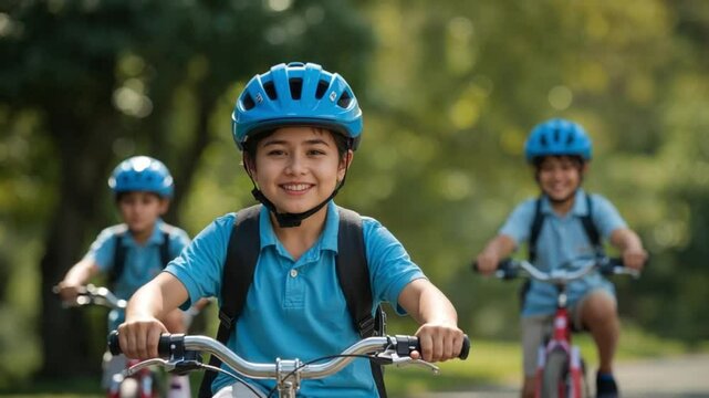 Smiling Asian Boy Riding Bicycle Outdoors with Friends on a Sunny Day