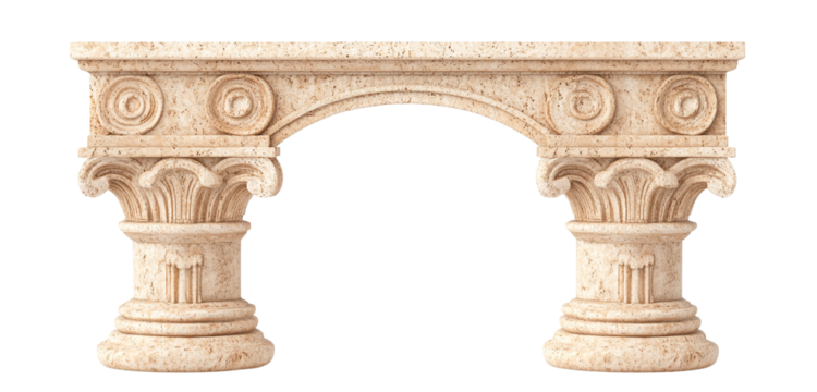 Beige stone archway with two columns, isolated, transparent background, architectural element, classical design, elegant, ornate, vintage style