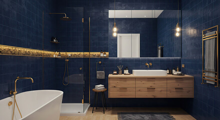 Stylish bathroom design with deep blue tiles, wood cabinetry, and golden accents