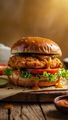 A delicious crispy chicken burger resting on a rustic wooden cutting board