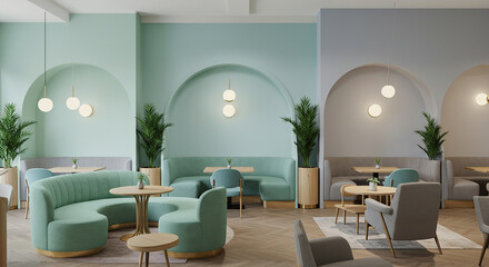 Stylish restaurant interior design with pastel tones and modern furniture arrangement