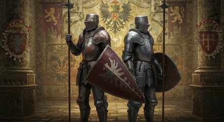Two Armored Knights Facing Outward with Spears and Shields