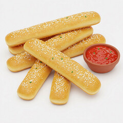 Appetizing golden breadsticks with a toasted crust are served alongside a sauce, ready for consumption