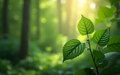 Obraz premium Leaves softly rustling in the wind, evoking the calming rhythms of nature and peaceful moments with a lush green forest backdrop. High quality