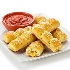 Appetizing golden breadsticks with a toasted crust are served alongside a sauce, ready for consumption