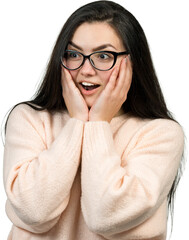 Portrait of a beautiful girl in a pink jumper, looks aside with pensive expression, is considering a plan for further action.