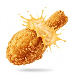 An appetizing fried chicken drumstick with a crispy crust, adorned with vibrant sauce splashes exploding against a white background.