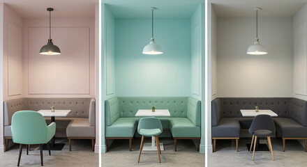 Trendy cafe booths in pink, mint green, and grey hues with stylish pendant lights