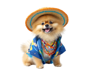 Adorable smiling Pomeranian dog wearing summer themed accessories  isolated on a transparent background