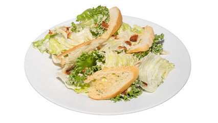 Classic Caesar Salad with Romaine Lettuce, Croutons, and Creamy Dressing on White Plate