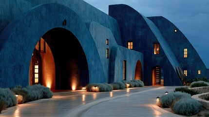 Luxury modern white villa with warm lighting at sunset Ideal for tech editorials, innovation features, or creative business content.